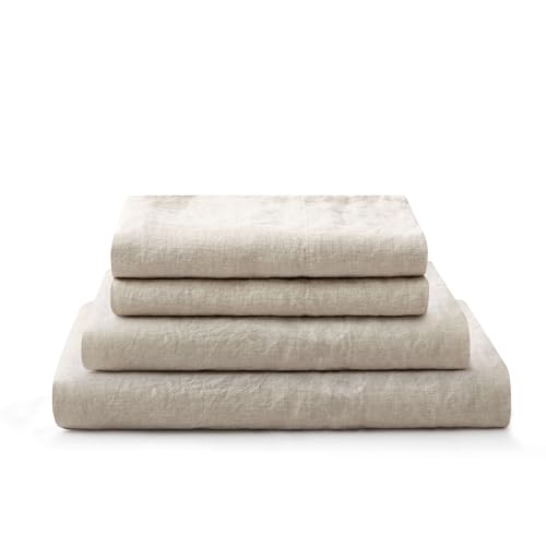 Image of ATLINIA 100% Pure Flax Linen Bedding Set - Stone Washed French Linen Fabric Deep Pocket Fitted Sheet Farmhouse Flat Sheet 2 Pillowcases (Natural, Full)