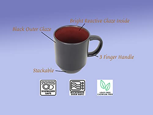 Essential Drinkware 14Oz Capua Stackable Ceramic Coffee Mugs, Black Outside With Assorted Color Inside - Set Of 4 Cups With Large Handles And Bright Reactive Glaze Patterned Interior #TOP4