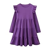 Big Long Sleeve Dress Ruffle Solid Purple Cotton Casual Tiered Pleated Twirly Skater Midi Dress 8-9 Years