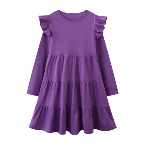 Image of Girl Long Sleeve Dress Ruffle Rainbow Color Block Cotton Casual Tiered Pleated Twirly Dress