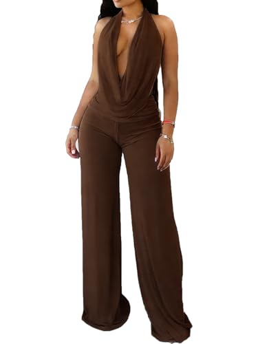 XYZDRESSOR Women Sexy Two Piece Sheer Mesh Club Outfits Club Night Stretchy Halter V Neck Backless Top Sexy 2 Piece Outfits Sets for Women Birthday Party Brown S