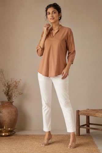 Image of SAADAA Top for Women, Viscose Pleated Tops, V-Neck with a Collar, 3 /4 Sleeve Length, Office & Casual Wear