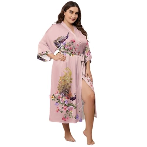 Surwin Albornoz de Satén Mujer Largo, Albornoz de Casa Microfibra Verano con Cinturón Ajustable, Talla Grande, Ropa de Baño y Descanso para Adultos (V2669 Rosa,Talla única)
