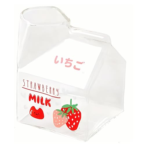 FIDFDID - Bricco per latte in vetro, tazze creative per la colazione, carino, trasparente, mini lattiera, portatile, per studenti (fragola)