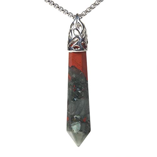 Natural African Bloodstone Gemstone Hexagonal Pointed Reiki Chakra Pendant Necklace 20 Inch High-Grade Iron Gift Box
