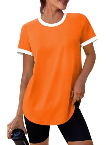 Image of Womens Workout Tops Summer Short Sleeve Shirts Athletic Color Block Gym Clothes Outfits Sun Protection UPF 50+ T Shirts