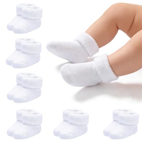 Mini angel Baby Socks 0-3 Months Newborn Preemie Terry Cotton Turn Cuff Sock Infant Girls Boys White Ankle Socks 6 Pairs(White XS)