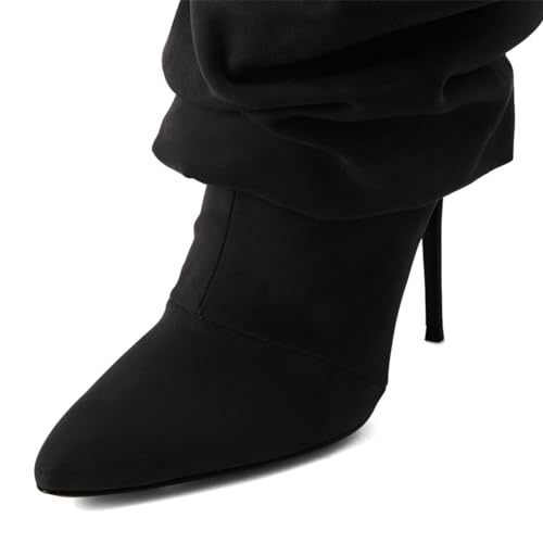 Pazzion Women Fashion Closed Almond Toe Stiletto High Heel Mid Calf Boots Slouchy Wrinkled Pull On Winter Booties Commuting Office Shoes Size 4-16 US3
