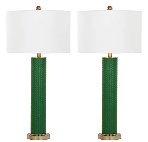 Safavieh Lighting Collection Ollie Modern Contemporary Dark Green Faux Woven Leather 32-Inch Bedroom Living Room Home Office Desk Nightstand Table Lamp Set Of 2 (Led Bulbs Included) #TOP2