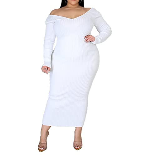 Image of Women's Plus Size Sexy Long Sleeve Maxi Sweater Off Shoulder Knit Dress