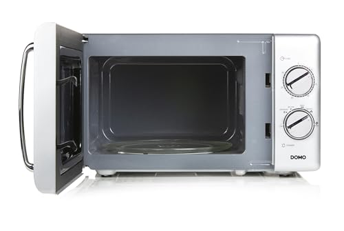 DOMO DO3025 Freistehend Retro Mikrowelle - 6 Leistungsstufen - Mechanische Bedienung - Mit Timer bis 30 Minuten - Auftaufunktion - 25 Liter - 900 Watt - Silber/Grau