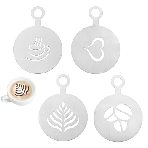 Image of Supvox Stainless Steel Coffee Stencils Set of 4, 8.5x12cm Latte Art Templates for Cappuccino, Lattes, Cakes, and Desserts, Reusable Food Grade Coffee Decorating Tools for Home Cafe and Baking Use