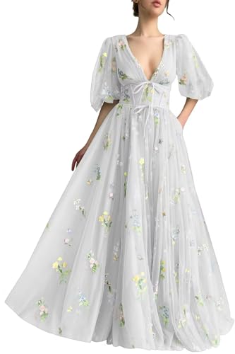 Fivsole Puff Sleeve Prom Dresses 2025 Long Flower Embroidery Tulle Floral Formal Evening Gowns