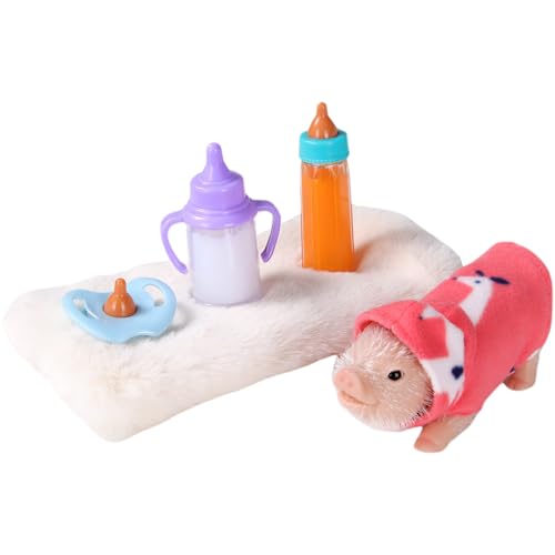NASSMOSSE Set de Cerdo de Silicona de 5 Piezas, Mini Pig Toy Realista Baby Piggy Doll con Tela Silicona Conjunto de Animales con Accesorios de lechones para niños Cumpleaños