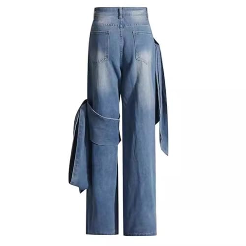 HGps8w Women's Chic Huge Bow Tie Straight Leg Jeans High Waisted Stretchy Lightweight Denim Pants with Pockets4