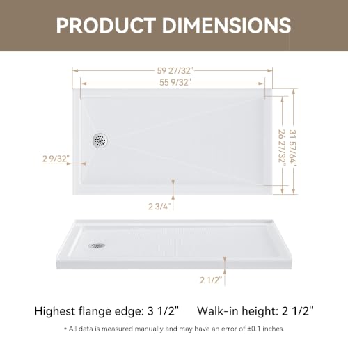 Image of HOROW 60 inch x 32 inch Shower Base, Left Drain Shower Pan, Low Profile Acrylic Base with Reinforced Fiberglass, Non-Slip Surface, Stainless Steel Drain Cover, Leak-Resistant for Bathroom