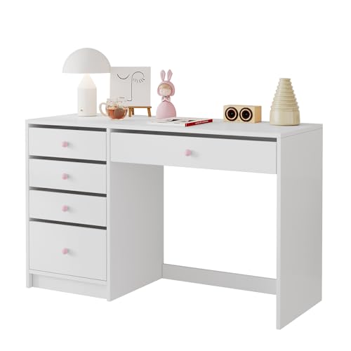 HAINEW Escritorio para ordenador con 5 cajones y mango rosa, mesa de oficina, mesa de trabajo, tocador para salón, dormitorio, estudio u oficina, 120 × 45 × 74 cm, color blanco