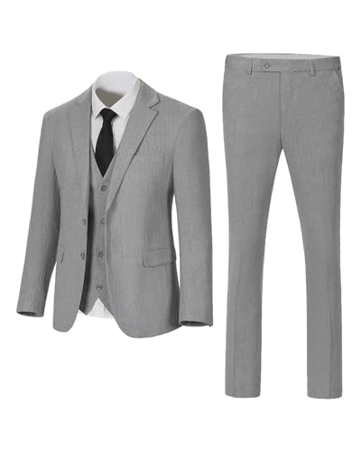 Image of Retro 3 Piece Suit Tweed Herringbone Men's Suits Slim Fit Groom Tuxedos Set Prom Brown Grey Jacket Blazer Vest Pants