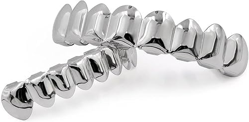 LONGYINGSM Gold Grills for Your Teeth Fake Teeth 18K Gold Plated Iced out 8 Top Teeth 8 Bottom Tooth Grillz for Men Women Hip Hop Rapper Costume Siliver