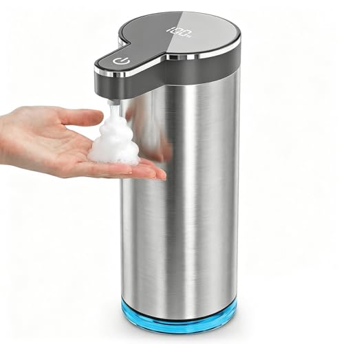 Automatic Foaming Soap Dispenser, Touchless Rechargeable Soap Dispenser for Kitchen & Bathroom, Stainless Steel, 4 Adjustable Foam Levels, USB-C, Waterproof, 12oz/350ml(Stainless Steel Foam)