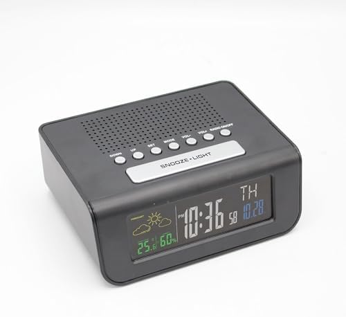 Radio-Réveil FISHTEC Multifonction Avec Station Météo - Écran LCD 4 Couleurs - Radio FM - Snooze & Sleep - 7 Langues