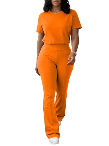 Ulovmi Two Piece Outfits For Women Short Sleeve Top Flared Pants Tracksuit Jogger Set-Orange-S
