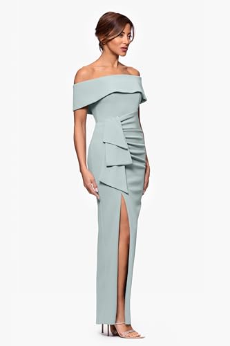 Image of Xscape Women's Off Shoulder Straight Neck Evening Gown with Foldover Cuff, Side Ruffle, Leg Slit, Fitted Formal Dress, Sage, 4