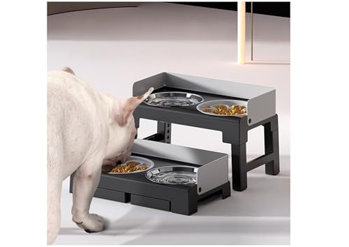 Höhenverstellbarer Hundenapf-Set, 3 Edelstahlnäpfe, neigbar und rutschfest, grau