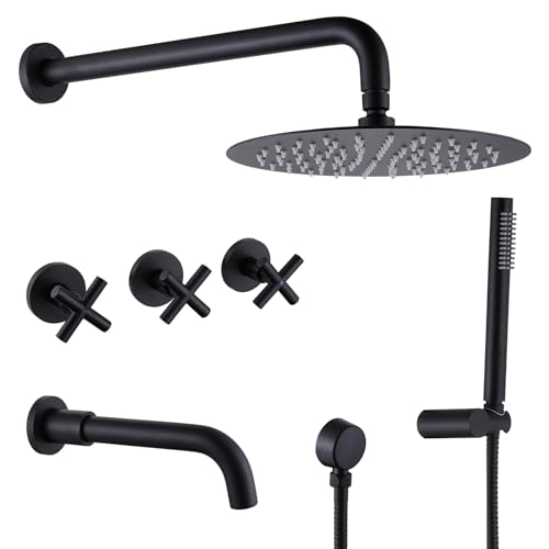 Sistema de ducha RBROHANT negro mate con grifo para bañera, juego de grifería para bañera y ducha de latón con válvula de tres vías, cabeza de ducha redonda de 10 pulgadas con grifo para bañera y ducha manual, modelo JK0300 miniatura 1