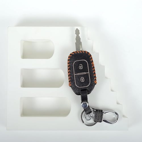 Image of Leather Smart Car Key Cover Case with Metal Hook Keychain for Old Reanualt Duster 2016, Kwid,Triber,Kiger (Black)