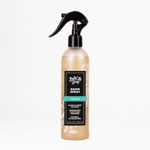 Buff City Soap - Plant-Based Room Spray - Non-Aerosol Air Freshener Spray Made With Simple Ingredients & No Harsh Chemicals - Sandalwood Patchouli Raspberry & Peach Scented Room Freshener