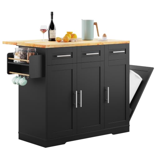 Dripex 41'' Rolling Kitchen Island with Trash Can, Drop Leaf & Storage