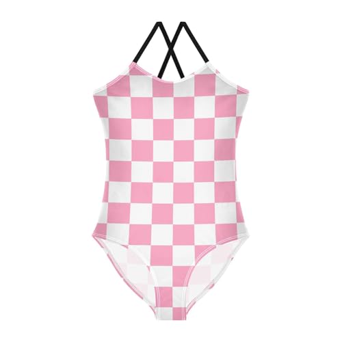 Image of Black and White Chess Girls One Piece Swimsuits Board Marble Tile Sport Halter Swimwear Beach Bathing Suit 3T
