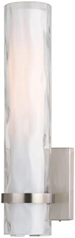 VAXCEL Vilo 1-Light 4.25 inch Wide Satin Nickel Contemporary Bathroom Vanity Lighting Fixture, Outer Clear Water, Inner White Frosted Opal Glass Shade, Dimmable, LED Compatible, Wall Mounted Sconce