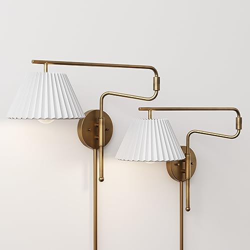 Image of Nathan James Kai Modern Wall Mounted Plugin Bedside Reading Lamp with Pleated Shade, Vintaged Brass Finish, Set of 2
