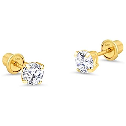 10k Yellow Gold 4mm Basket Round CZ Cubic Zirconia Solitaire Children Screw Back Baby Girls Earrings Cover