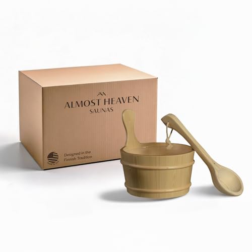 Almost Heaven Saunas Sauna Bucket & Ladle Set, Cedar Wooden Bucket with Handle Handmade in USA, Stoke Hot Rocks in Sauna with Ladle, Sauna Luxury Accessories to for Perfect Amount of Heat & Steam