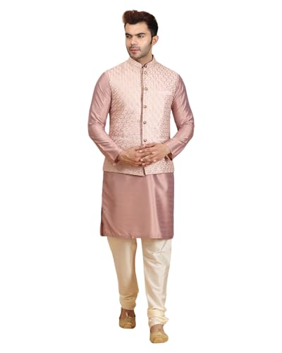 Image of Ethluxis Men Silk Blend Kurta Jacket Set with Mandarin Collar