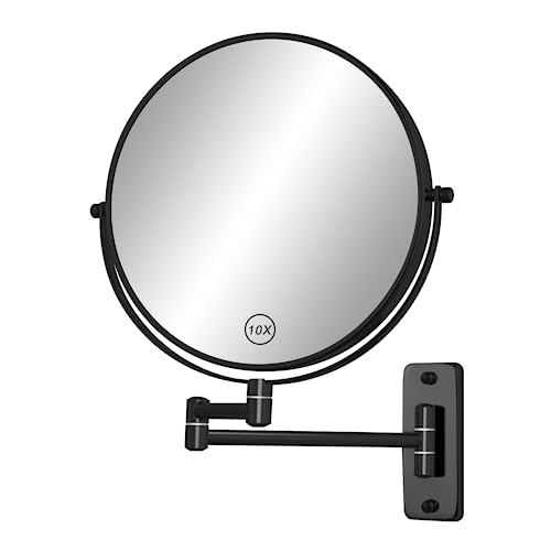 FFowcye Miroir de maquillage grossissant mural de 20,3 cm, double face 1X/10X, miroir de maquillage pivotant à 360° pour salle de bain, miroir mural avec bras extension, noir