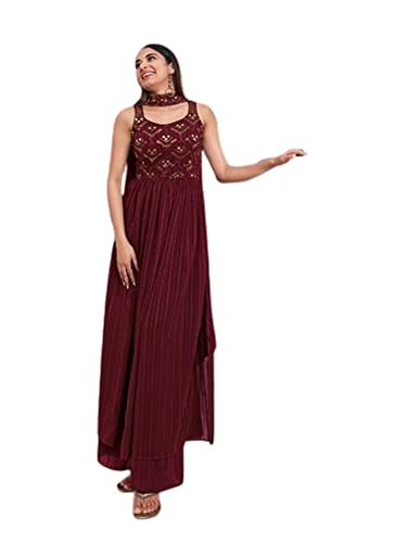 Salwar Kameez bordeaux georgette cousue 40 pour fête musulmane et célébration élégante