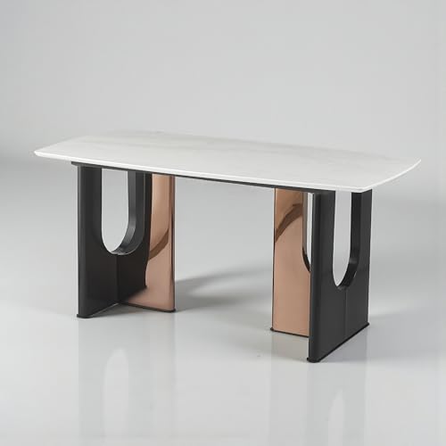 Image of The Attic Contemporary Pedestal Dining Table | White Faux Marble Top & Dual-Tone Black /Rose Gold Base | Rectangular 6 Seater Dining Table for Modern Homes