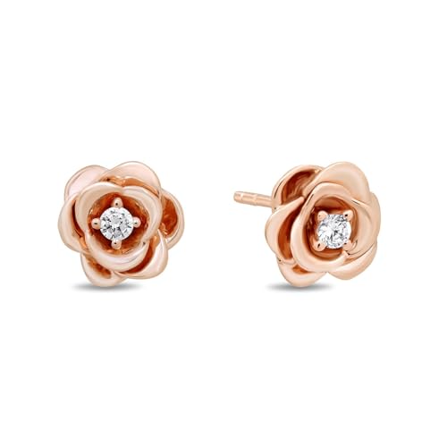 Jewelili Enchanted Disney Fine Jewelry Belle Rose Earrings for Women | 14K Rose Gold over Sterling Silver Earrings | 1/20 CTTW Natural White Round Diamond Accent | Push Back Studs | Gifts for Her