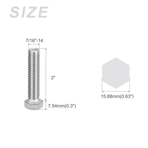 Image of METALLIXITY Hex Head Bolts (7 /16-14 x 2 inch) 4Pcs, 304 Stainless Steel 18-8, Fully Threaded, External Hex Drive, Plain Finish, Hex Head Screw Bolt, Silver