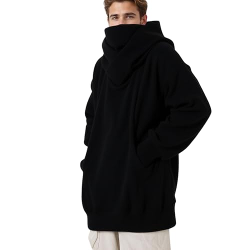 Mens Oversized Cowl Neck Hoodie Winter Blank Long Sleeve Hooded Thick Sweatshirts Cotton Lined Warm Commute Pullover