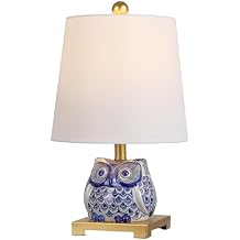 JONATHAN Y 16" Blue/White Ceramic Owl Mini Table Lamp for Bedroom or Office, Modern Farmhouse Nightstand Lamp with White Linen Shade, LED Bulb Included JYL3014A