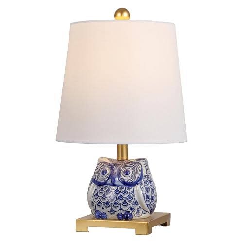 JONATHAN Y 16 Blue/White Ceramic Owl Mini Table Lamp for Bedroom or Office Modern Farmhouse Nightstand Lamp with White Linen Shade LED Bulb Included JYL3014A