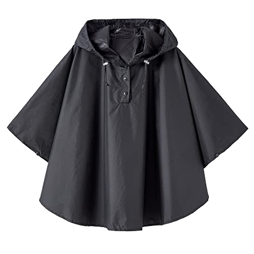 QIKADO Poncho Antipioggia Bambino, Poncho Pioggia Bambina con Cappuccio e Bottoni Portatile Nero/XL/8-12anni