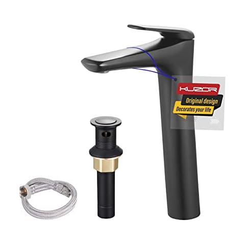 KUZOR Vessel Sink Faucet Single Handle Tall Bathroom Sink Faucet Matte Black Bathroom Faucet 1 Hole with Pop Up Drain Solid Brass Faucet for Bathroom Sink Cover