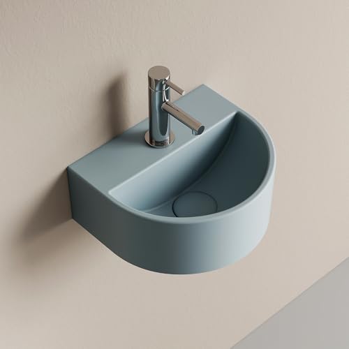 EMKE - Lavabo semicircular (303 x 255 x 120 mm, lavabo suspendido a la pared, lavabo de cerámica para inodoro y cuarto de baño, diseño moderno, azul gris claro mate