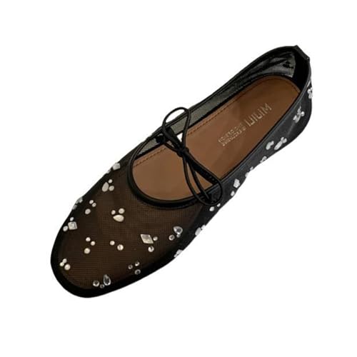 Women's Rhinestone Mesh Sheer Ballet Flats Sparkle Mary Jane Shoes Round Toe Slip On Casual Summer Dressy Wedding Party